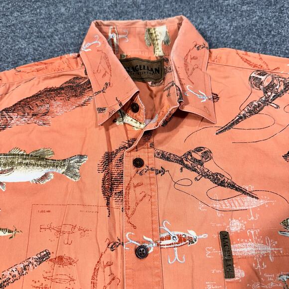 Magellan Sportswear Salmon Pink Bass Fish Print Short Sleeve Button Up Shirt XL - Picture 5 of 6